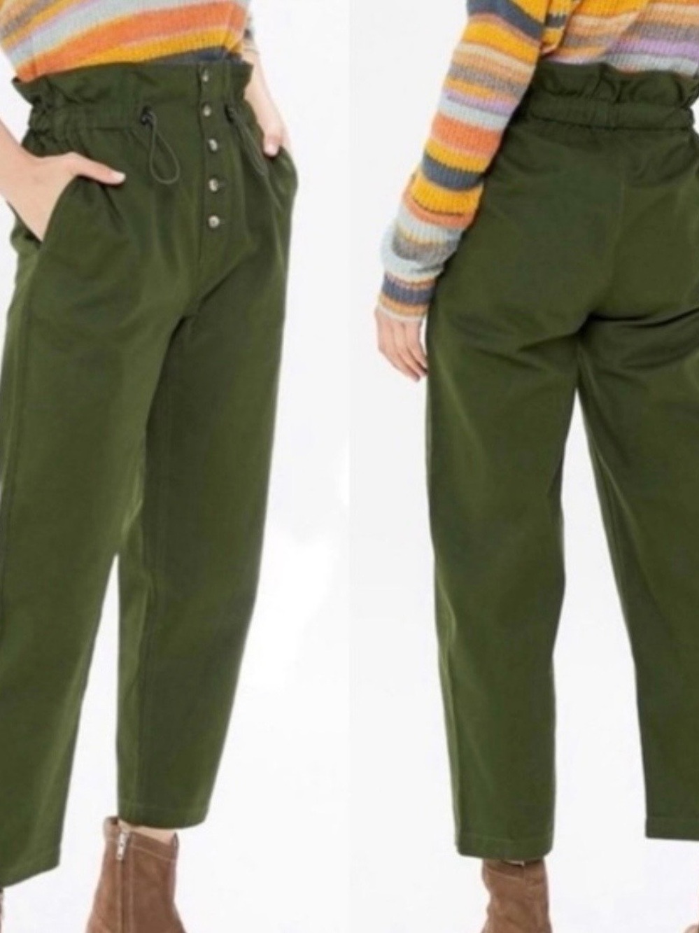 Urban Outfitters Olive High-Rise Paperbag Straight Leg Pants